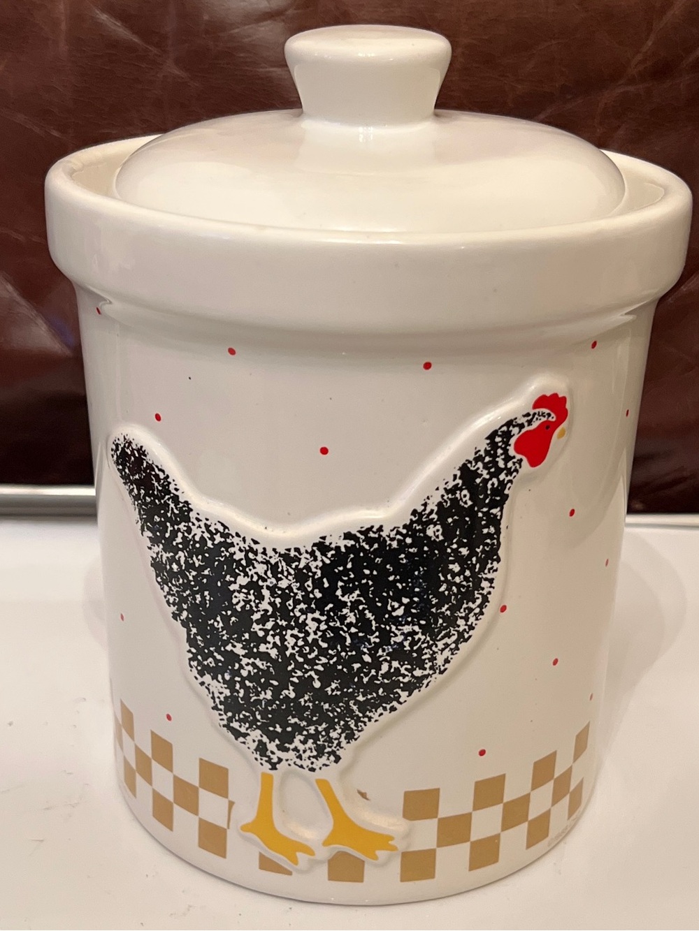 Vintage 1988 CHD Farmhouse Ceramic Rooster Canister Jar By G. Johnson, 8x6.5”